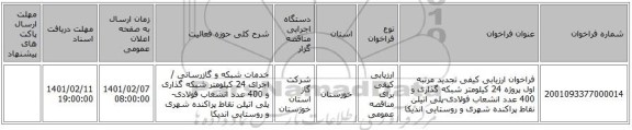 فراخوان ارزیابی کیفی تجدید مرتبه اول پروژه 24 کیلومتر شبکه گذاری و 400 عدد انشعاب فولادی-پلی اتیلن نقاط پراکنده شهری و روستایی اندیکا