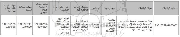 مناقصه عمومی همزمان با ارزیابی (فشرده) یک مرحله ای اجرای طرح هادی (دیوار سنگی) روستای رازی شهرستان خوی