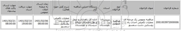 مناقصه عمومی یک مرحله ای عملیات تکمیلی احداث راه روستایی دشت سمسور 