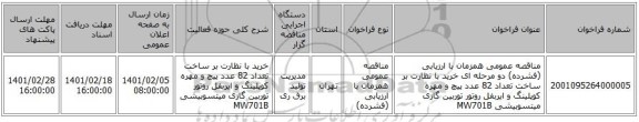 مناقصه، مناقصه عمومی همزمان با ارزیابی (فشرده) دو مرحله ای خرید با نظارت بر ساخت تعداد 82 عدد پیچ و مهره کوپلینگ و ایربفل روتور توربین گازی میتسوبیشی MW701B