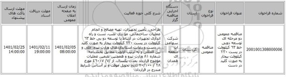 مناقصه، مناقصه عمومی دو مرحله ای توسعه دوبی خط ٦٣ کیلوولت در پست ٢٣٠ کیلوولت بیجار به صورت کلید در دست