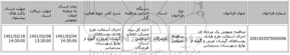 مناقصه، مناقصه عمومی یک مرحله ای اجرای آسفالت طرح هادی روستاهای گیشان غربی و گهره  از توابع شهرستان بندرعباس