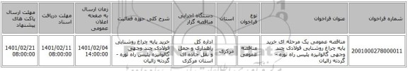 مناقصه، مناقصه عمومی یک مرحله ای خرید پایه چراغ روشنایی فولادی چند وجهی گالوانیزه پلیس راه توره - گردنه زالیان