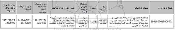 مناقصه، مناقصه عمومی یک مرحله ای خرید و نصب یک دستگاه آسانسور جهت ساختمان شماره 3 شرکت سهامی آب منطقه ای فارس 