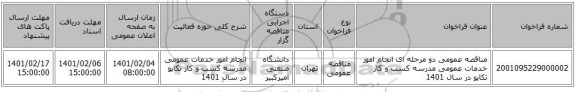 مناقصه، مناقصه عمومی دو مرحله ای انجام امور خدمات عمومی مدرسه کسب و کار تکاپو در سال 1401