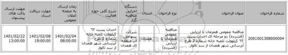 مناقصه، مناقصه عمومی همزمان با ارزیابی (فشرده) دو مرحله ای احداث پست ٦٣ کیلوولت تلمبه خانه شماره 2 طرح آبرسانی شهر همدان از سد تالوار 