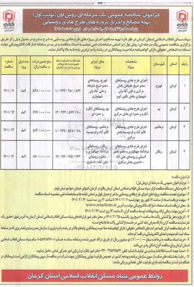 مناقصه عمومی تهیه مصالح و اجرای پروژه های طرح هادی روستایی