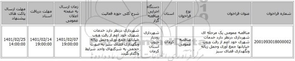 مناقصه، مناقصه عمومی یک مرحله ای شهرداری درنظر دارد خدمات شهری خود اعم از رفت وروب خیابانها جمع آوری وحمل زباله ونگهداری فضای سبز 