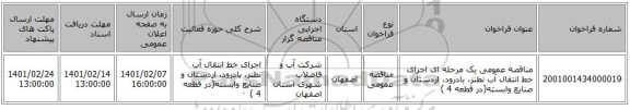 مناقصه، مناقصه عمومی یک مرحله ای اجرای خط انتقال آب نطنز، بادرود، اردستان و صنایع وابسته(در  قطعه 4 ) 