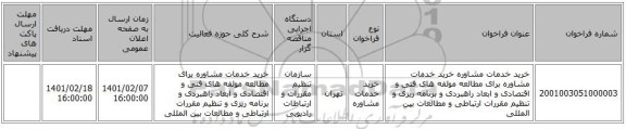 مناقصه، خرید خدمات مشاوره خرید خدمات مشاوره برای مطالعه مولفه های فنی و اقتصادی و ابعاد راهبردی و برنامه ریزی و تنظیم مقررات ارتباطی و مطالعات بین المللی