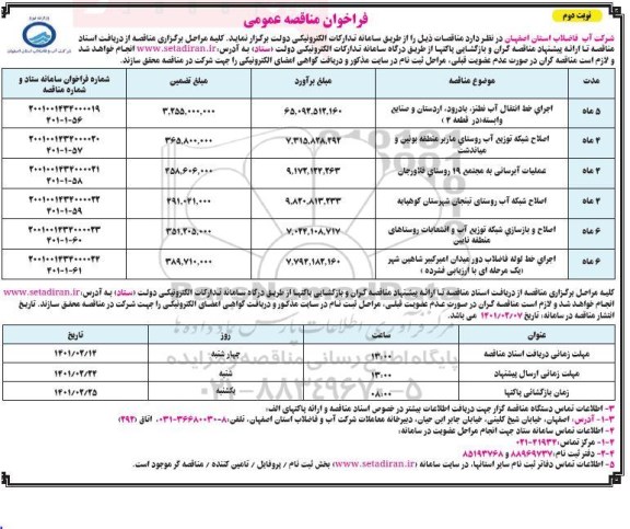 فراخوان مناقصه اجرای خط انتقال آب نوبت دوم