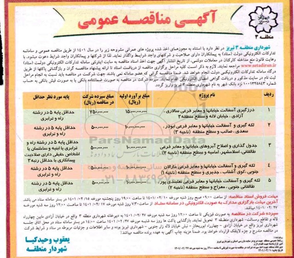 مناقصه درزگیری آسفالت خیابان ها و معابر فرعی و...