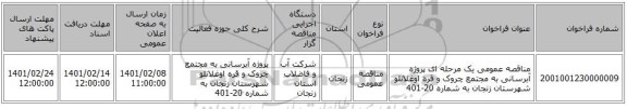 مناقصه، مناقصه عمومی یک مرحله ای پروژه آبرسانی به مجتمع چروک و قره اوغلانلو شهرستان زنجان به شماره 20-401