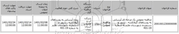 مناقصه، مناقصه عمومی یک مرحله ای آبرسانی به روستاهای گیلانکشه ، تشویر و دستجرده شهرستان طارم به شماره 19-401