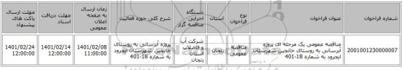 مناقصه، مناقصه عمومی یک مرحله ای پروژه آبرسانی به روستای خانجین شهرستان ایجرود به شماره 18-401