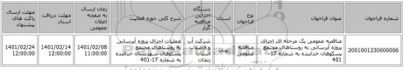 مناقصه، مناقصه عمومی یک مرحله ای اجرای پروژه آبرسانی به روستاهای مجتمع پسکوهان خدابنده به شماره 17-401 