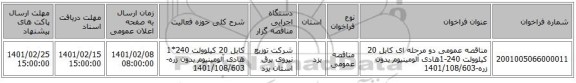 مناقصه، مناقصه عمومی دو مرحله ای کابل 20 کیلوولت 240-1هادی آلومینیوم بدون زره-1401/108/603