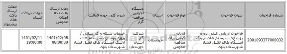 مناقصه، فراخوان ارزیابی کیفی پروژه بهسازی سیستم های ارتینگ ایستگاه های تقلیل فشار شهرستان باوی