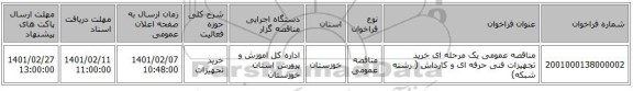 مناقصه، مناقصه عمومی یک مرحله ای خرید تجهیزات فنی حرفه ای و کارداش ( رشته شبکه)