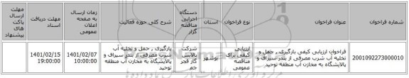 مناقصه، فراخوان ارزیابی کیفی بارگیری , حمل و تخلیه آب شرب مصرفی از بندر سیراف و پالایشگاه به مخازن آب منطقه توحید