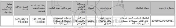 مناقصه، فراخوان ارزیابی کیفی خدمات خودروهای استیجاری سبک و سنگین پالایشگاه