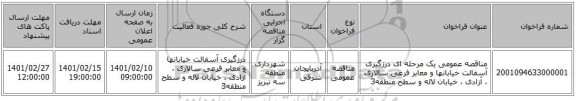 مناقصه، مناقصه عمومی یک مرحله ای درزگیری آسفالت خیابانها و معابر فرعی سالاری ، آزادی ، خیابان لاله و سطح منطقه3