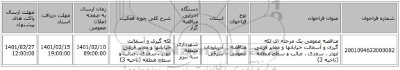 مناقصه، مناقصه عمومی یک مرحله ای لکه گیری و  آسفالت خیابانها و معابر فرعی ابوذر ، سعدی ، صائب و سطح منطقه  (ناحیه 3)