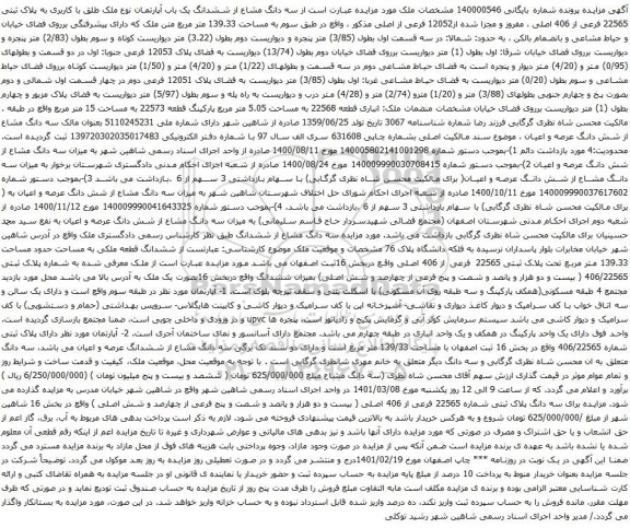 آگهی مزایده سه دانگ مشاع از ششدانگ یک باب آپارتمان نوع ملک طلق با کاربری به پلاک ثبتی 22565 فرعی از 406 اصلی