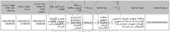 مناقصه، مناقصه عمومی همزمان با ارزیابی (فشرده) یک مرحله ای تعمیر و نگهداری تجهیزات مخابراتی و الکترونیکی بندر امیر آباد 