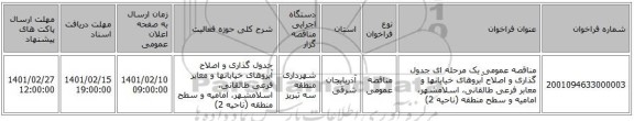 مناقصه، مناقصه عمومی یک مرحله ای جدول گذاری و اصلاح آبروهای خیابانها و معابر فرعی طالقانی، اسلامشهر، امامیه و سطح منطقه (ناحیه 2)