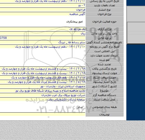 تجدید مناقصه اصلاح و بهینه سازی شبکه های توزیع برق نور