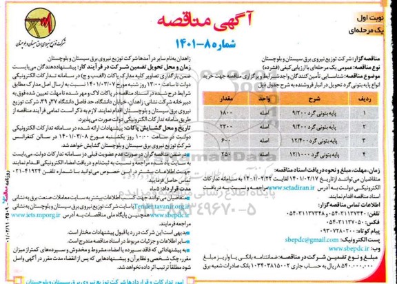 مناقصه، مناقصه خرید انواع پایه بتونی گرد