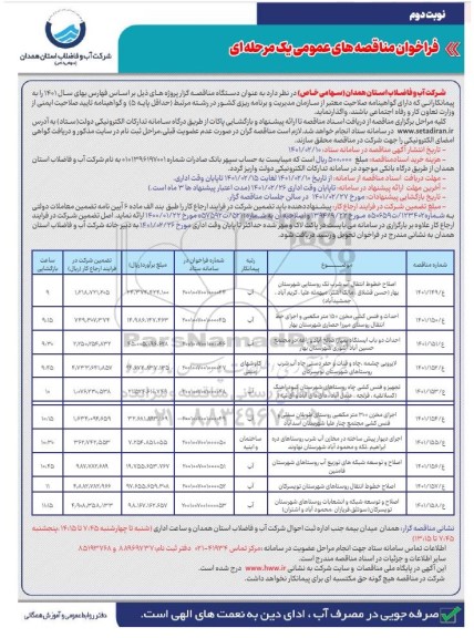 مناقصه، مناقصه اصلاح خطوط انتقال آب شرب تک روستایی شهرستان ...  - نوبت دوم 