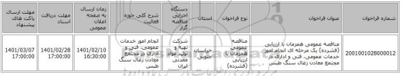 مناقصه، مناقصه عمومی همزمان با ارزیابی (فشرده) یک مرحله ای انجام امور خدمات عمومی، فنی و اداری در مجتمع معادن زغال سنگ طبس 