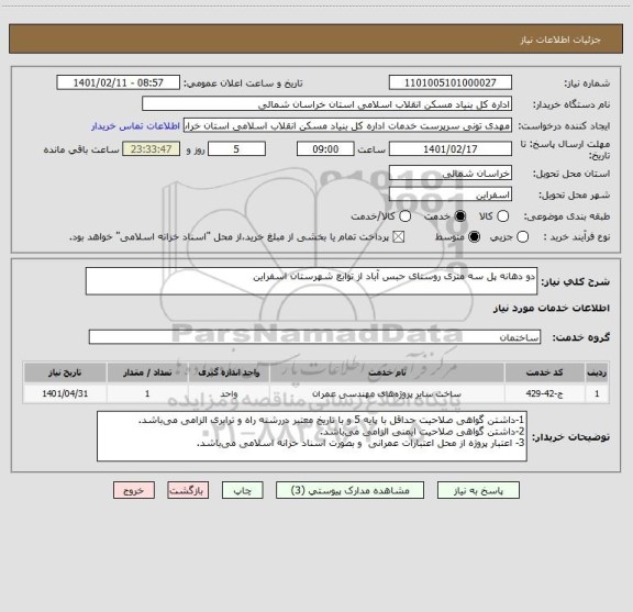 استعلام دو دهانه پل سه متری روستای حبس آباد از توابع شهرستان اسفراین
