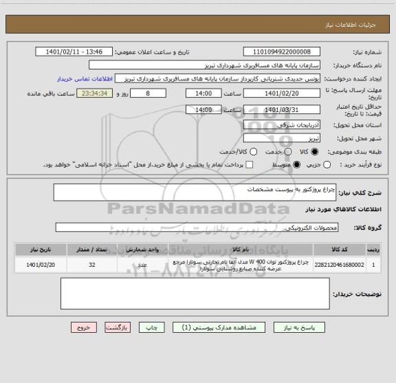 استعلام چراغ پروژکتور به پیوست مشخصات 