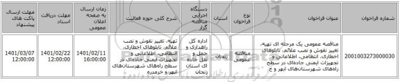 مناقصه، مناقصه عمومی یک مرحله ای تهیه، تغییر نقوش و نصب علائم، تابلوهای اخطاری، انتظامی، اطلاعاتی و تجهیزات ایمنی جاده‌ای در سطح راه‌های شهرستان‌‌های ابهر و خ