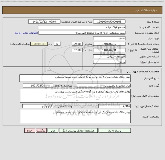 استعلام روغن های پخت و سرخ کردنی و رب گوجه فرنگی طبق لیست پیوستی