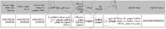 مناقصه، مناقصه عمومی یک مرحله ای خرید خدمات انتظامات و حفاظت فیزیکی بیمارستان بوعلی چادگان