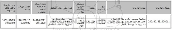 مناقصه، مناقصه عمومی یک مرحله ای تهیه ، حمل مصالح و اصلاح و بهسازی مخازن حصیرآباد شهرستان اهواز