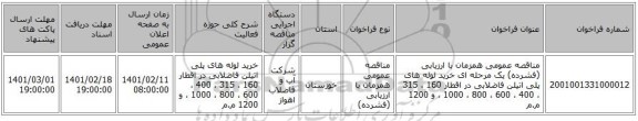 مناقصه، مناقصه عمومی همزمان با ارزیابی (فشرده) یک مرحله ای خرید لوله های پلی اتیلن فاضلابی در اقطار 160 ، 315 ، 400 ، 600 ، 800 ، 1000 ، و 1200 م.م