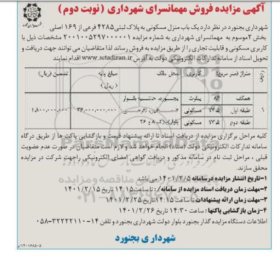 مزایده، مزایده فروش یک باب منزل مسکونی به پلاک ثبتی 4285 - نوبت دوم 