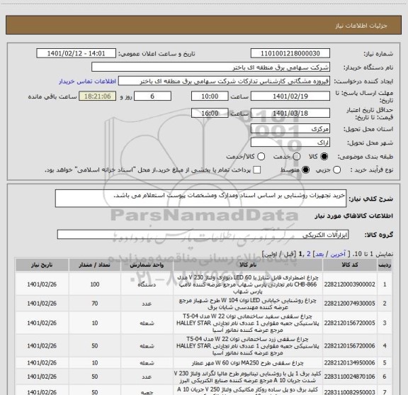 استعلام خرید تجهیزات روشنایی بر اساس اسناد ومدارک ومشخصات پیوست استعلام می باشد.