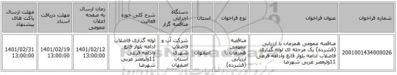 مناقصه، مناقصه عمومی همزمان با ارزیابی (فشرده) یک مرحله ای لوله گذاری فاضلاب  ادامه بلوار قانع وادامه فرعی 11ولیعصر غربی شهرضا 