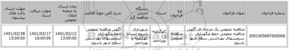 مناقصه، مناقصه عمومی یک مرحله ای آگهی مناقصه عمومی حفظ ونگهداری سرویسهای بهداشتی سطح شهر یاسوج