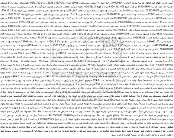 مزایده فروش ششدانگ اعیان یک دستگاه منزل مسکونی به مساحت 248.35 متر مربع