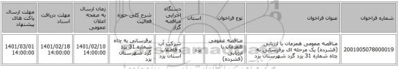 مناقصه، مناقصه عمومی همزمان با ارزیابی (فشرده) یک مرحله ای برقرسانی به چاه شماره 31 یزد گرد شهرستان یزد