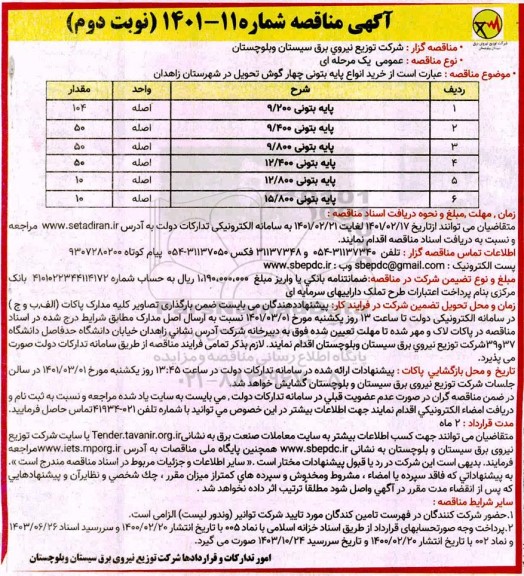 مناقصه خرید انواع پایه بتونی گرد- نوبت دوم