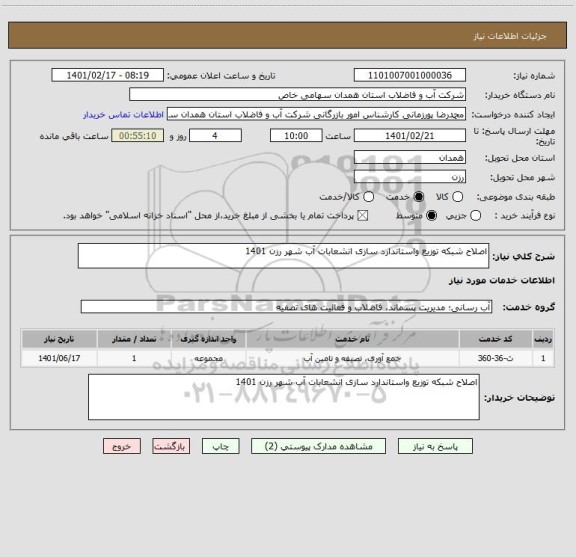 استعلام اصلاح شبکه توزیع واستاندارد سازی انشعابات آب شهر رزن 1401