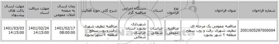 مناقصه، مناقصه عمومی یک مرحله ای تنظیف شهری ،رفت و روب سطح منطقه ٢  شهر بجنورد